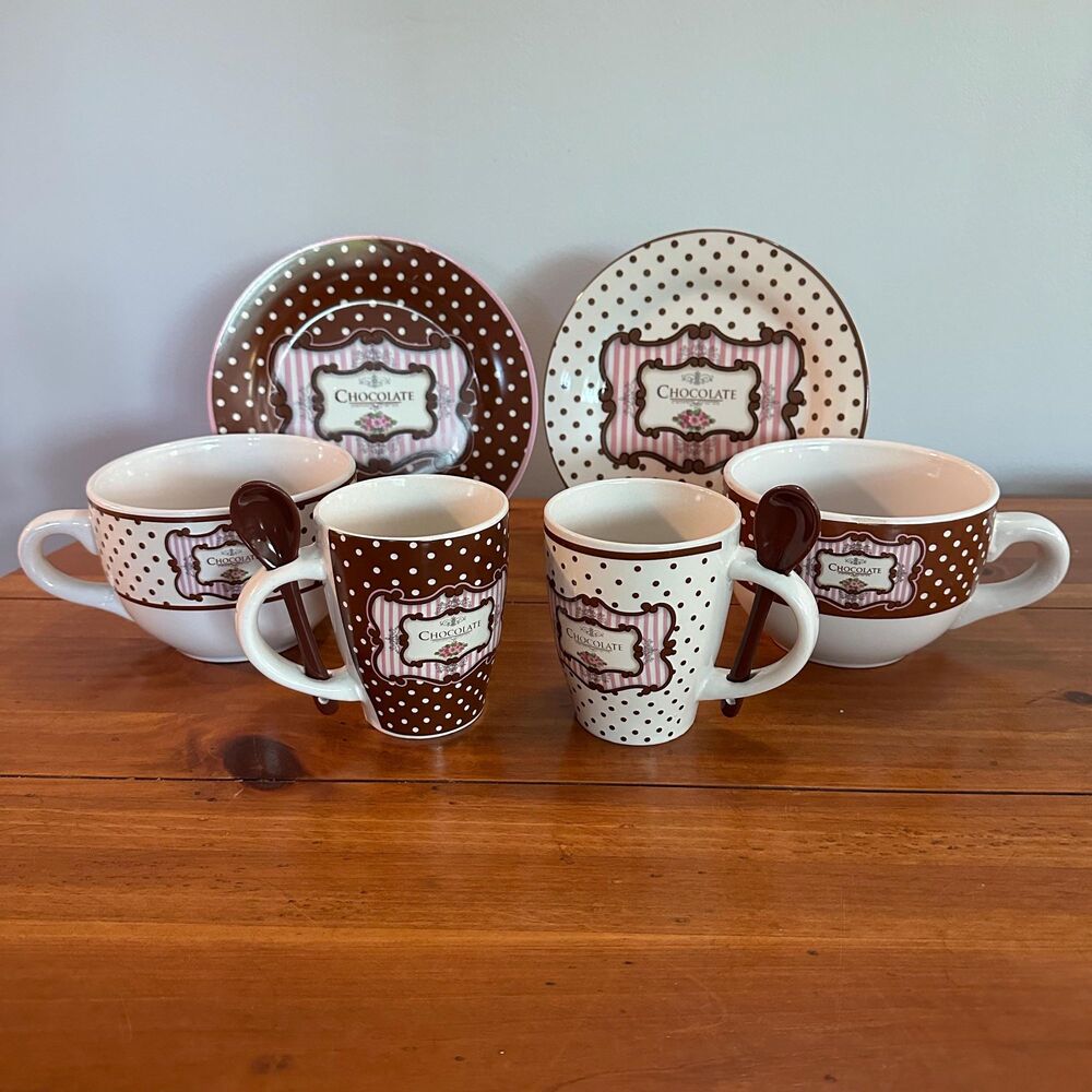 Vtg Trisa Stoneware Chocolate Dishes - Brown Pink Polka Dot Plates Mugs Spoons